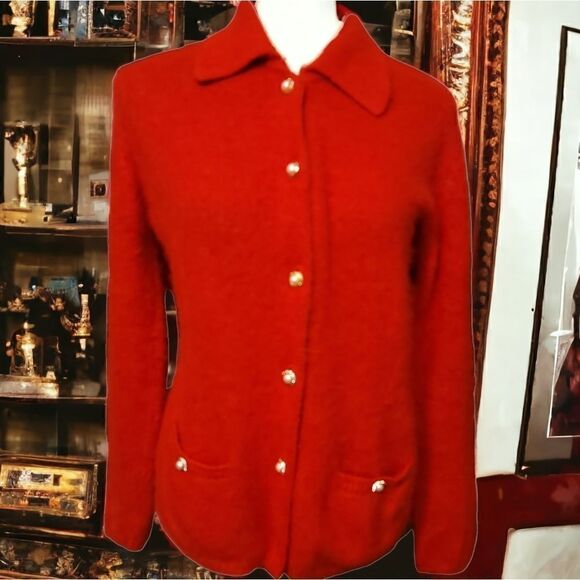 Neiman Marcus VTG Red Angora Sweater Cardigan Size M - Picture 1 of 11